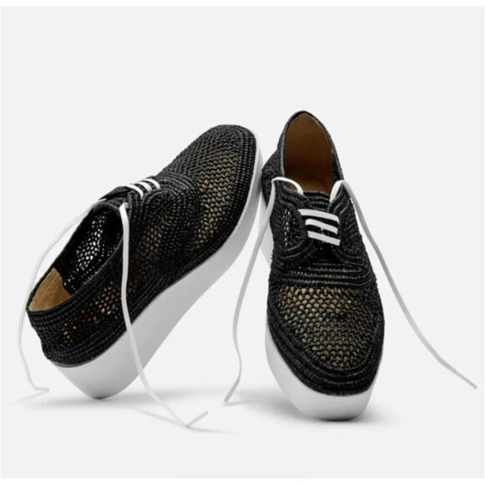 Robert Clergerie Lisa Platform Raffia Shoe Black Sneaker Derby Size 37.5 Boho